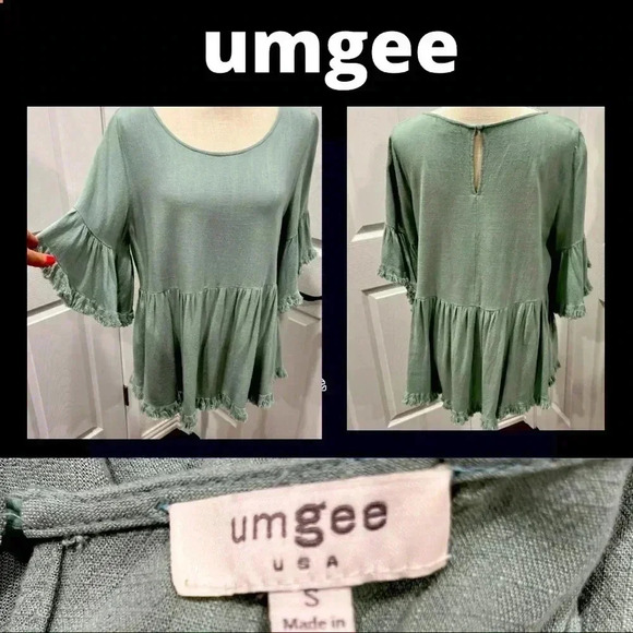 Umgee Mint Linen blend frayed edge keyhole back gathered waist blouse sh… ❤️ - Picture 1 of 9